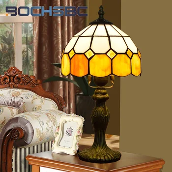 BOCHSBC Настолна лампа с оцветени стъкло Tiffany в стил арт-деко, нощно шкафче за спалня, кабинет, Детска стая, лампа за четене, лека нощ