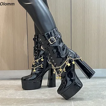 Olomm/Дамски зимни обувки са ръчно изработени до средата на прасците на дебелите обувки с кръгло бомбе, красиви черни вечерни обувки, дамски размери САЩ 5-15
