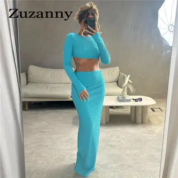 Zuzanny, Ежедневни обикновена прилепнали рокли, Дамски Секси съкратен топ с дълъг ръкав и тънки дълги поли с рюшами, комплект с тон, есен 2023