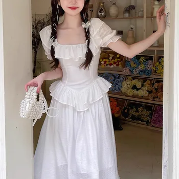 Бяло Чаено Френското Винтажное Принцеса рокля 2023, Лятно Нова Бяла рокля с къс ръкав и Квадратни деколтета