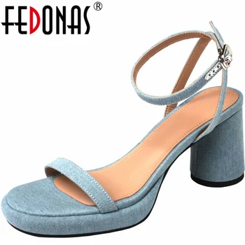 Дамски сандали FEDONAS на дебел висок ток с каишка на щиколотке, Летни обувки-лодка на платформата 2023 г., Елегантни офис дамски обувки за партита