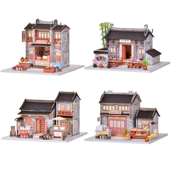 Направи си сам Дървени Куклени Къщи Плодов магазин Casa Mniature Строителни комплекти С Мебели Led Търговски Куклена Къща За Възрастни Подаръци