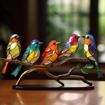 Настолно украшение от витражного стъкло с птици на клона, Двустранни цветни орнаменти във формата на птици, D