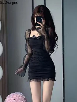 Черна мини-рокли, Дамски Секси Лоскутные Модни летни прилепнали рокли с пищни ръкави и елегантни гънки, изпълнени в модерния френски стил